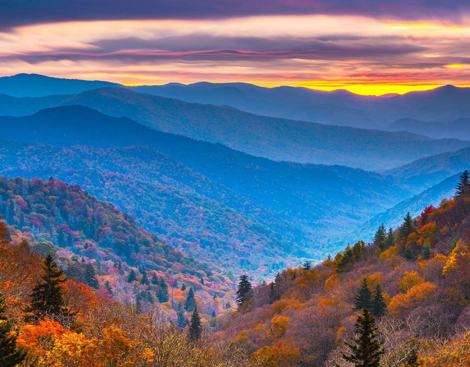 Family camping at Jellystone Park™ Cherokee with Smoky Mountain fall colors in September.